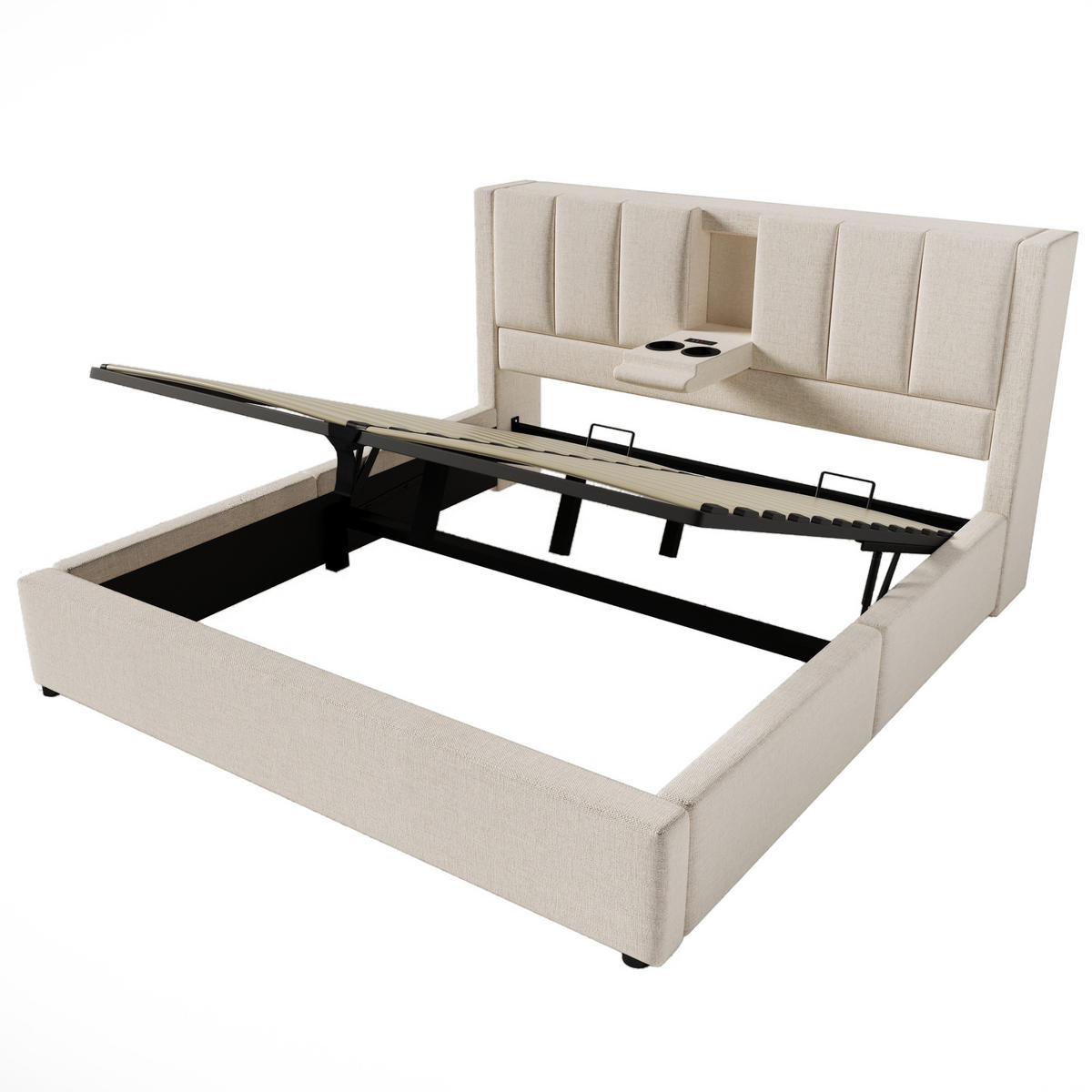 POLSTERBETT 160/200 cm mit Ladestation, verstecktem Becherhalter und hydraulischem Bettkasten, Beige - Beige, Textil (160/200cm) - Redom