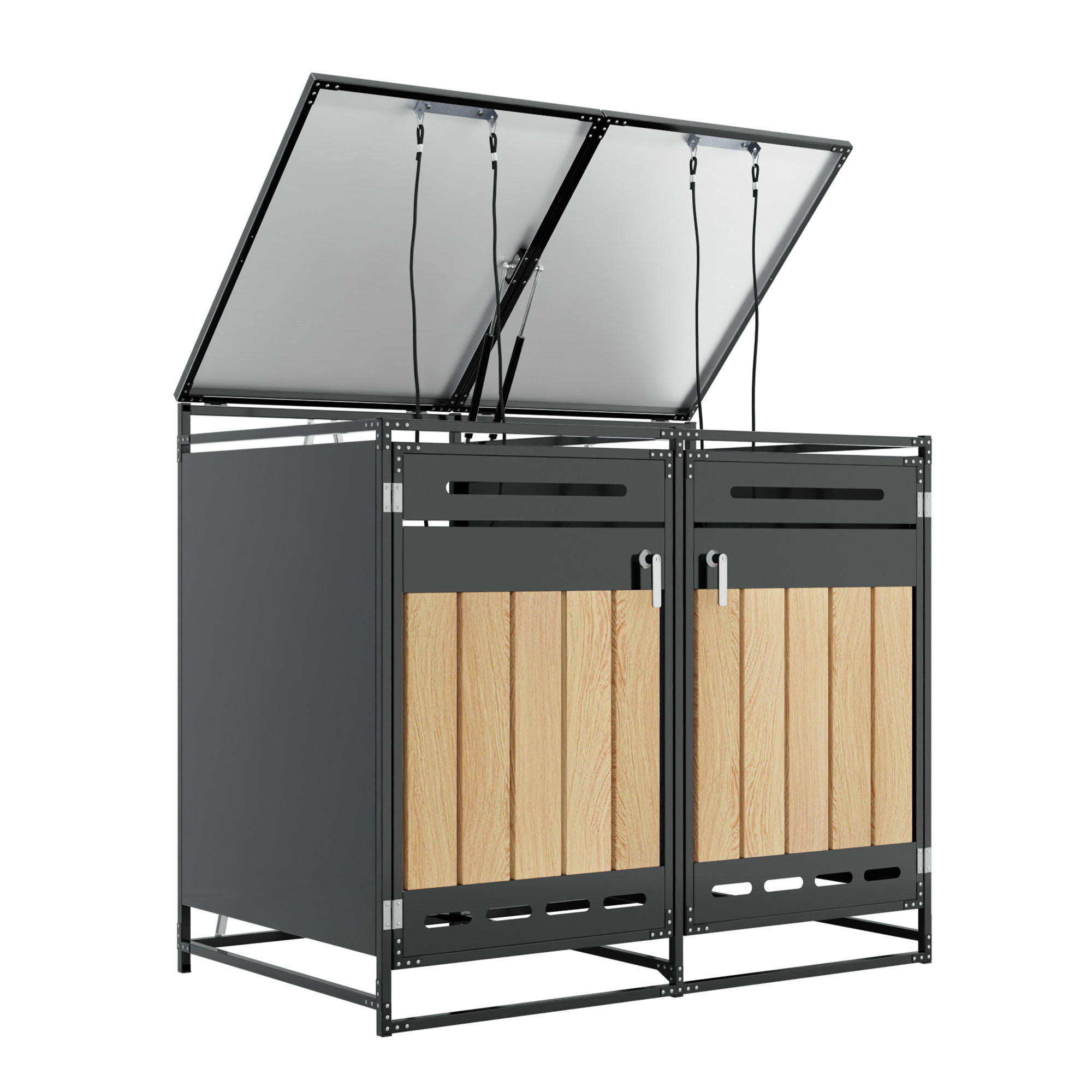 MÜLLTONNENBOX mit Hydraulischem Deckel Doppelkammer Metall Abschließbar Holzoptik - Grau, Metall (131/110/79cm) - PARAFTA HOME