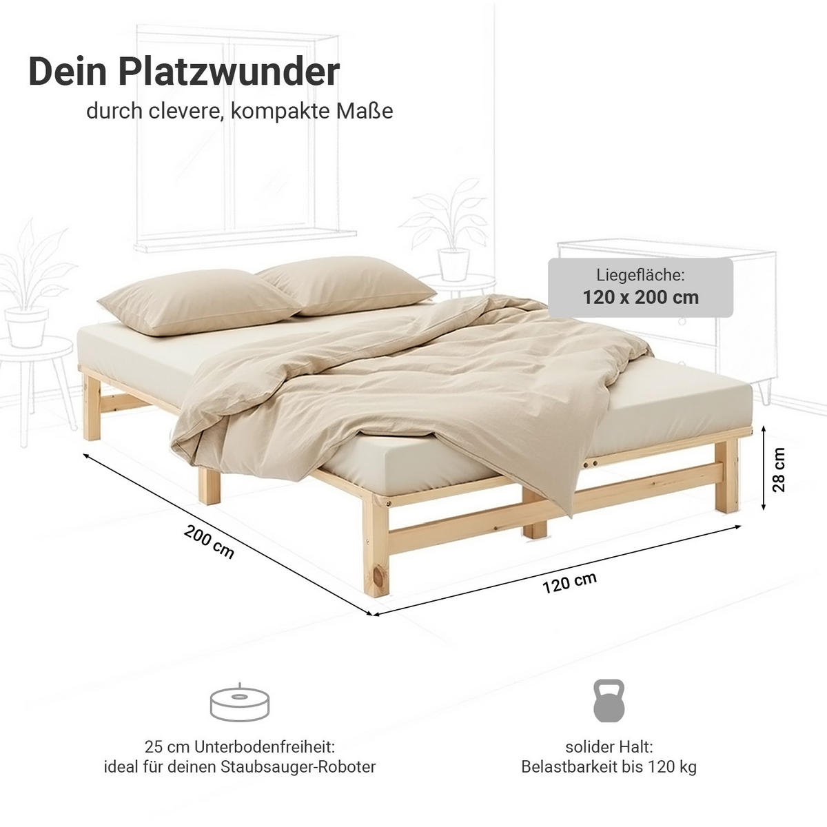HOLZBETT mit Lattenrost 120/200 cm natur - Naturfarben, Holz (120/200cm) - Homestyle4u