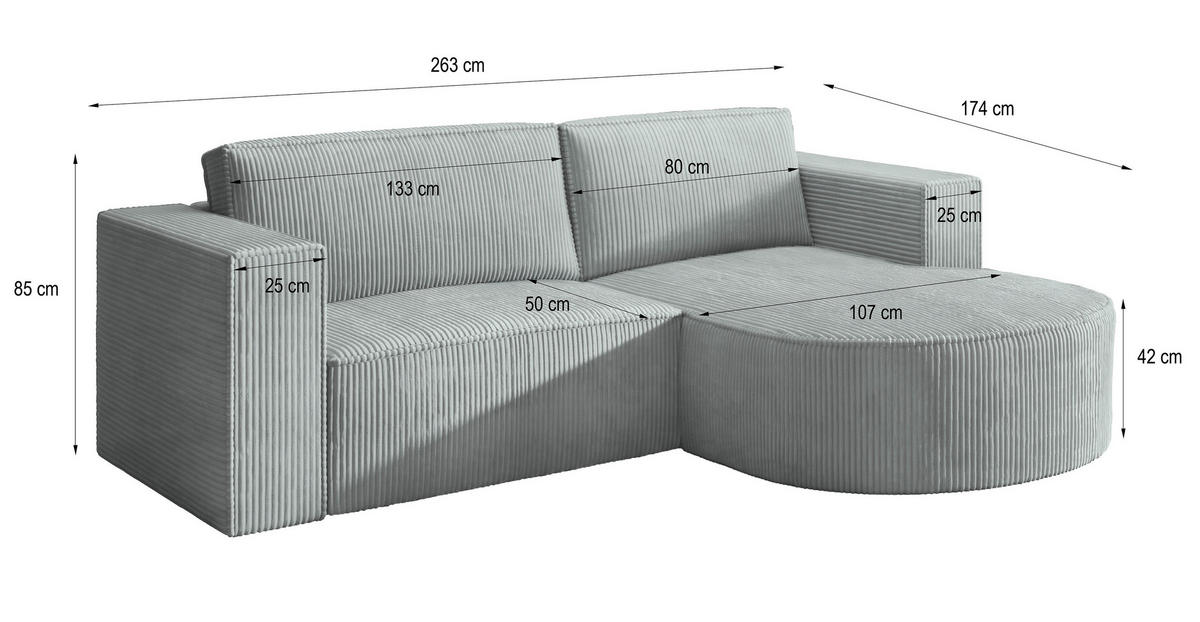 ECKSOFA SORELA P L-S Graphitfarben Kordstoff mit Schlaffunktion - Graphitfarben, Holz (263/174cm) - MASSENO