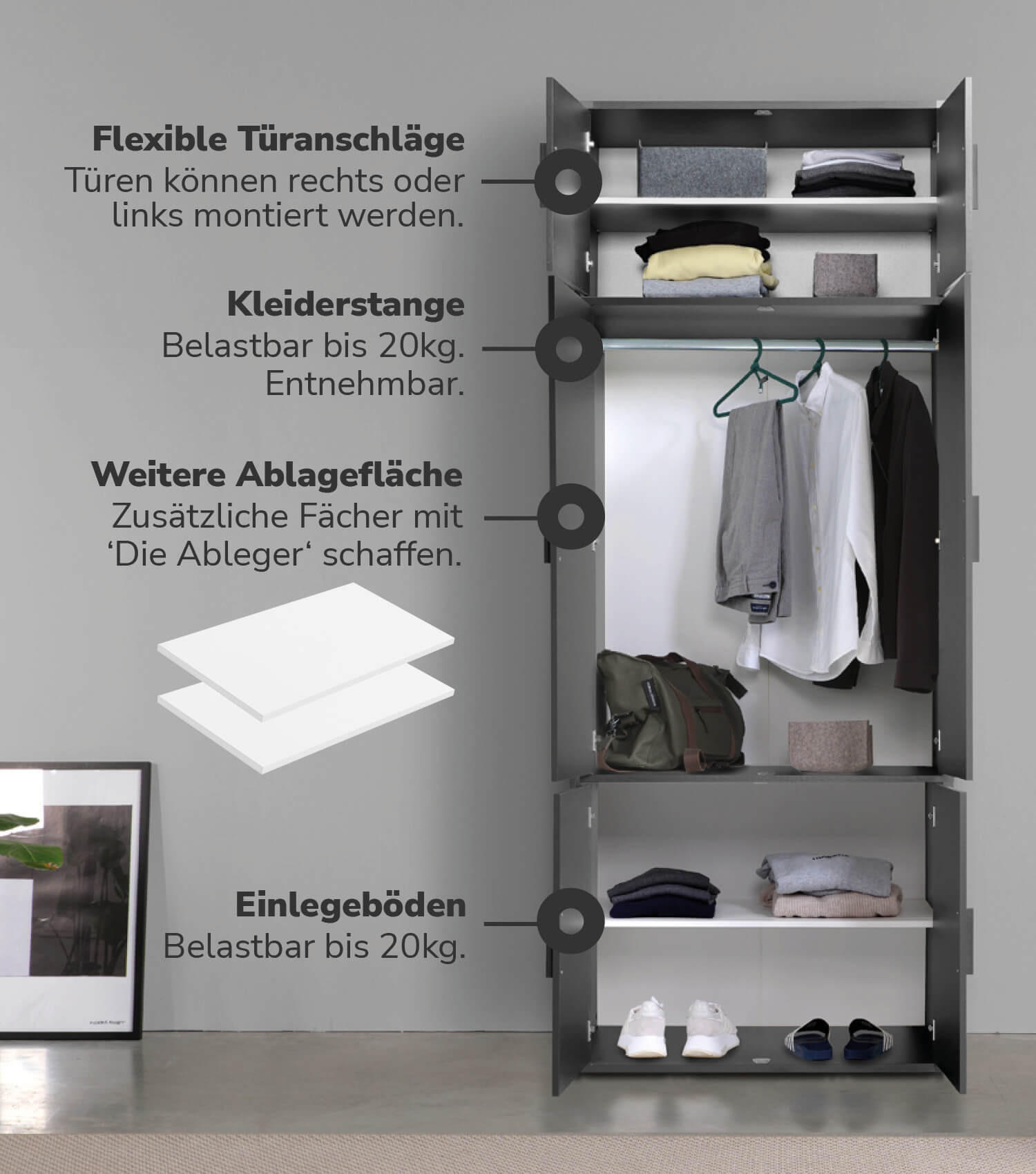 KLEIDERSCHRANK mit Spiegel Der Grenzenlose - Anthrazit, Holzwerkstoff (90/234/58cm) - Mokebo