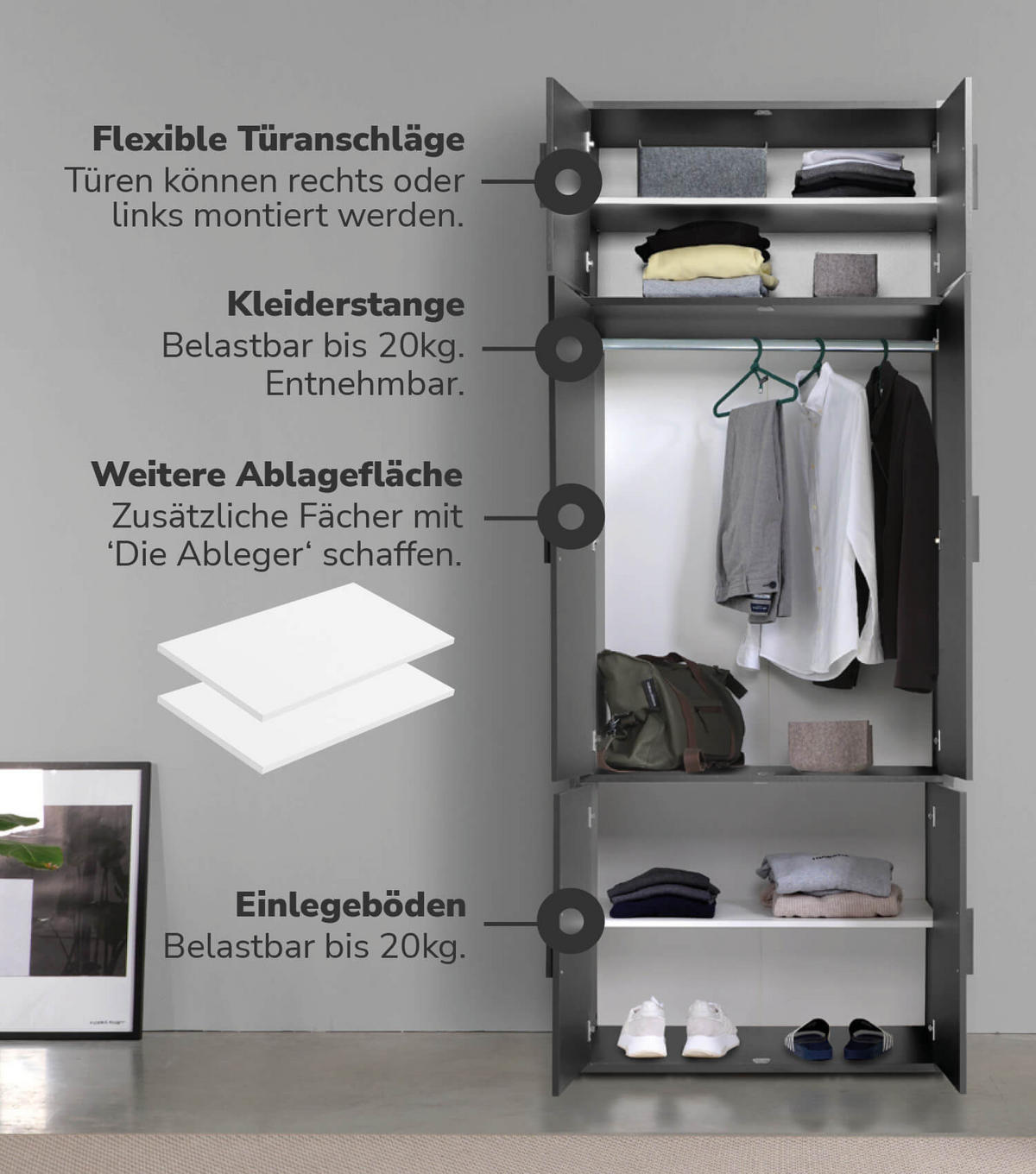KLEIDERSCHRANK Der Grenzenlose - Anthrazit, Holzwerkstoff (90/234/58cm) - Mokebo