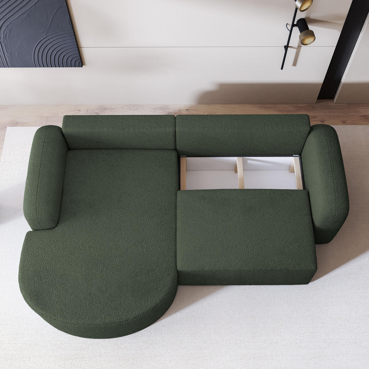 ECKSOFA AMILIA L-S Grün Boucle-Stoff mit Schlaffunktion - Grün, Holz (263/174cm) - MASSENO