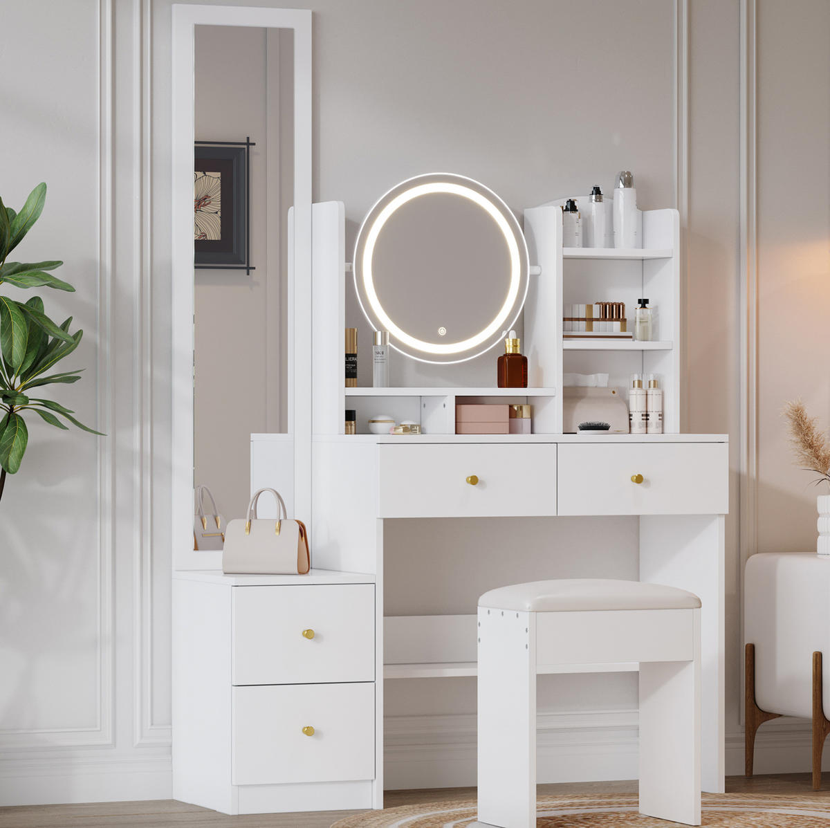 SCHMINKTISCH aus Spanplatte 109x36x164 cm Weiß mit LED-Beleuchtung, Ganzkörperspiegel, drehbarem Spiegel und Hocker - Weiß, Holzwerkstoff (109/164/36cm) - Modfu