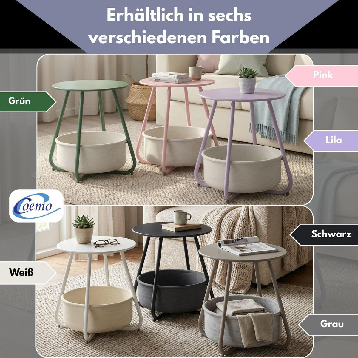 COUCHTISCH KOSI Metall mit Aufbewahrungskorb Canvas Grün - Grün, Metall (50/50/45cm) - Coemo