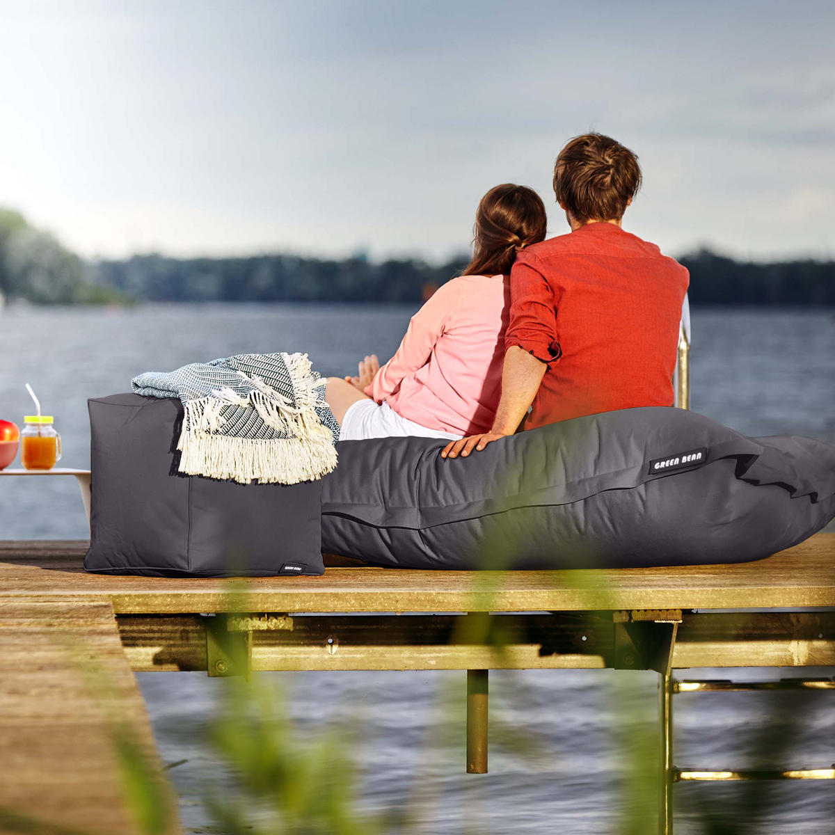 XXL-SITZSACK + Pouf 2er Set - 140x180cm - Anthrazit, Textil (140/25/180cm) - Green Bean