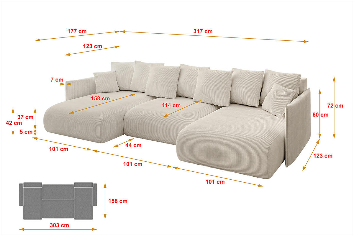 WOHNLANDSCHAFT mit Schlaffunktion und Bettkasten ONESK-U 317x177x72 Beige Cord - Beige, Holzwerkstoff/Kunststoff (317/72/177cm) - ALTDECOR