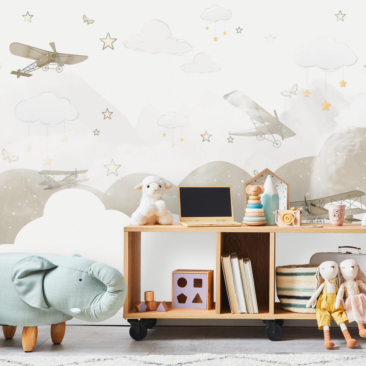 FOTOTAPETE für Kinderzimmer Flugzeuge Wolken Sterne Himmel 300x210 - Gelb/Beige, Papier (300/210cm) - Muralo