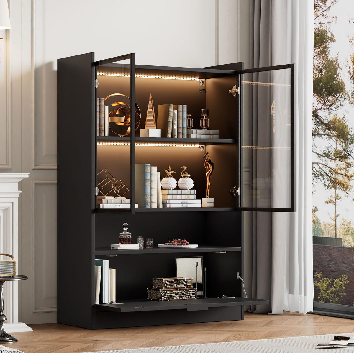 VITRINE 80/35/120 cm mit LED-Beleuchtung, Glastüren und Klapptür, Schwarz matt - Schwarz, Holzwerkstoff (80/120/35cm) - Redom