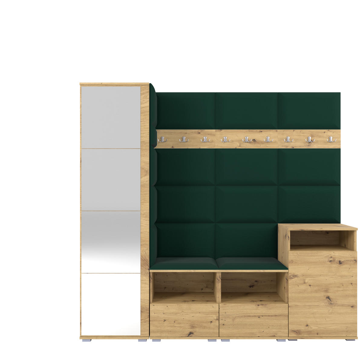 GARDEROBE NELA X 200 cm (Modulare Flurmöbel Artisan Eiche mit Spiegel & Sitzpolster Flaschengrün 28 Schrank + Sideboard) - Dunkelgrün/Silberfarben, Holz/Holzwerkstoff (200/187/40cm) - Ravio