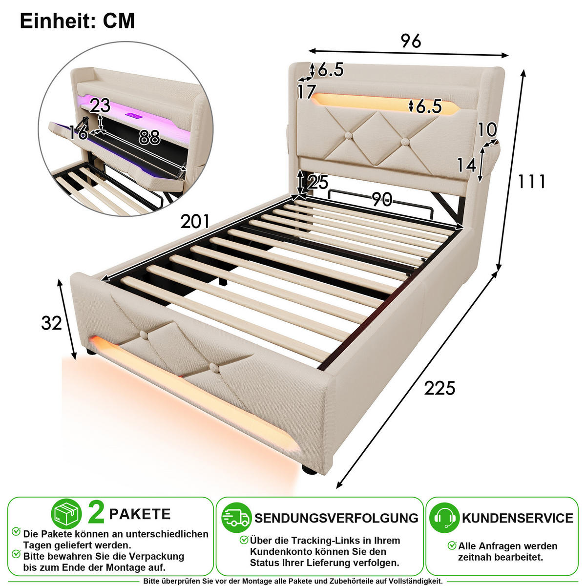 POLSTERBETT 90/200 cm in Beige mit Bettkasten, LED, USB und Type-C Leinen - Beige, Holzwerkstoff/Textil (90/200cm) - CHICFURN