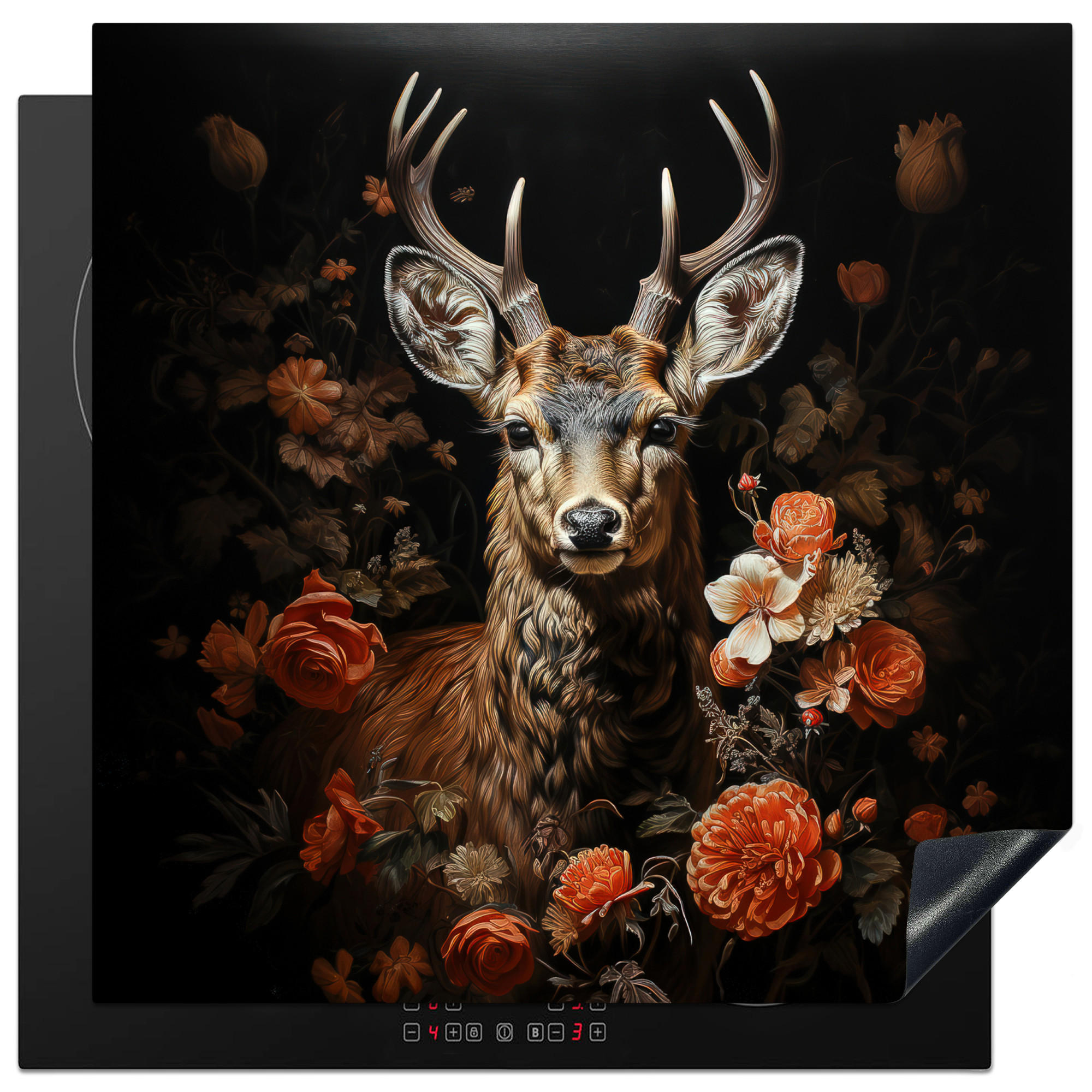 HERDABDECKPLATTE Hirsch - Tier - Blumen - Natur - Botanisch 78x78 cm - Kupferfarben, Kunststoff (78/0.2/78cm) - MuchoWow