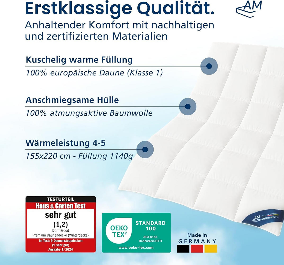 AM Qualitätsmatratzen Premium Winter Daunen Bettdecke Made in Germany aus 100% Daunen 155x220cm - Weiß, Textil (180/190cm) - AM Qualitätsmatratzen