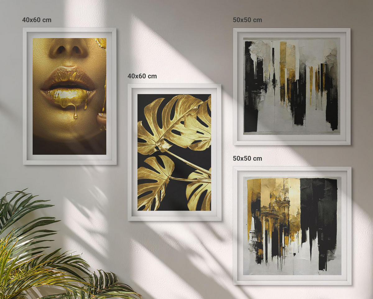 BILDER SET 4er Set - 50x50 cm & 40x60 cm Weißer Rahmen - Abstrakte Blattmalerei - Weiß, Kunststoff (50/50cm) - TULUP