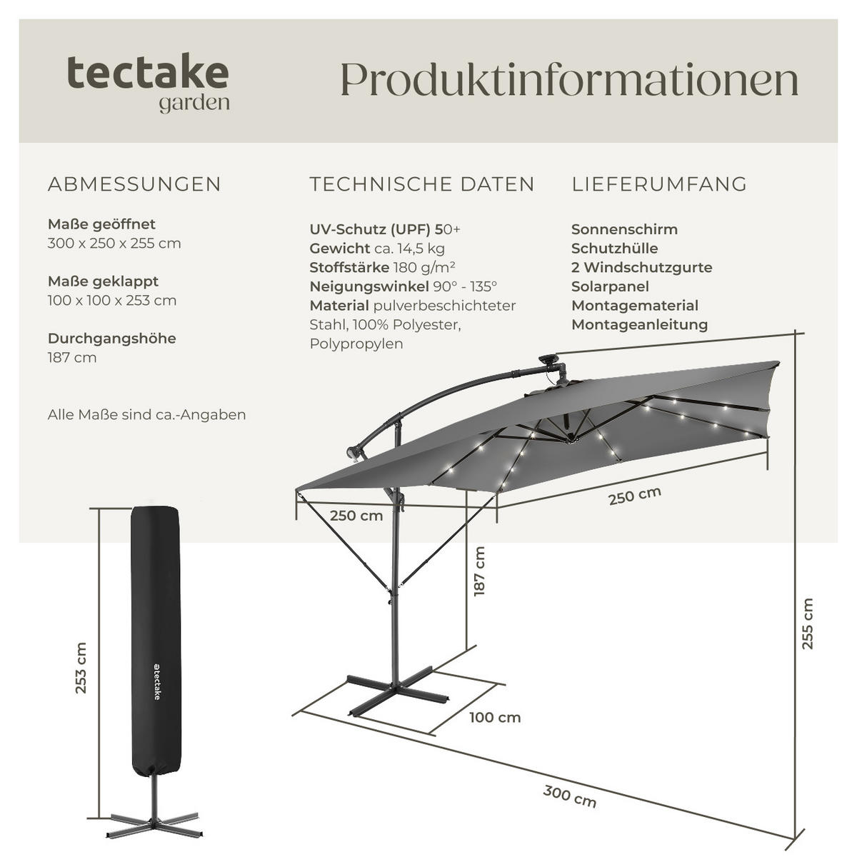 SONNENSCHIRM Sunna,wasserabweisend, inkl. Windsicherung und Schutzhülle,hellgrau - Hellgrau, Kunststoff (250/300cm) - tectake