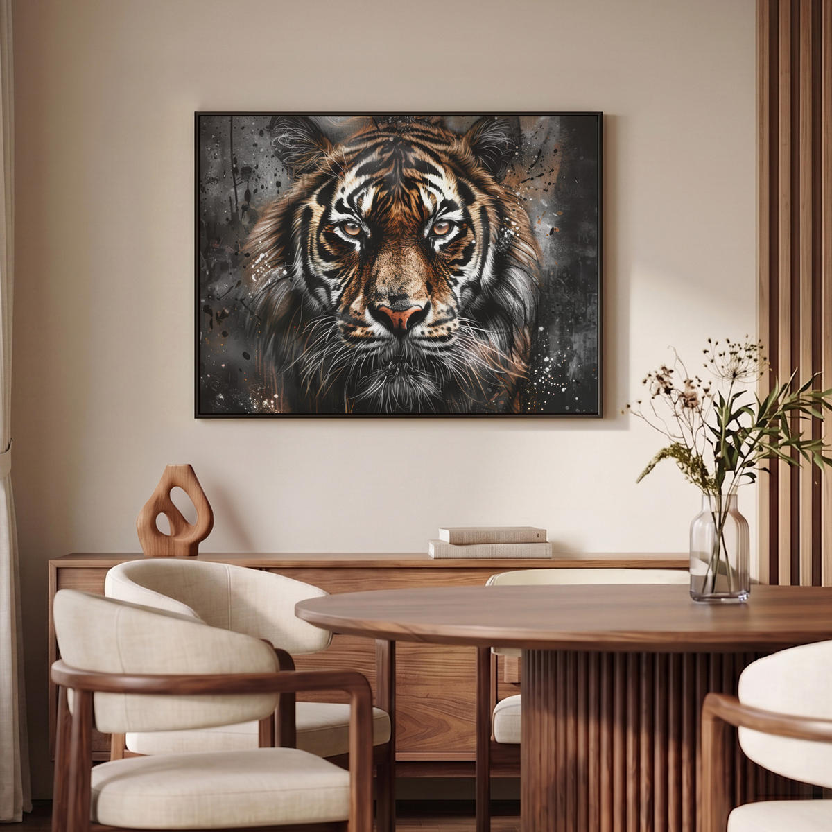 LEINWAND Bilder mit Rahmen - Tiger - Tiere - Porträt - Luxus - Schwarz - 100x70 - Braun, Textil (100/70cm) - MuchoWow
