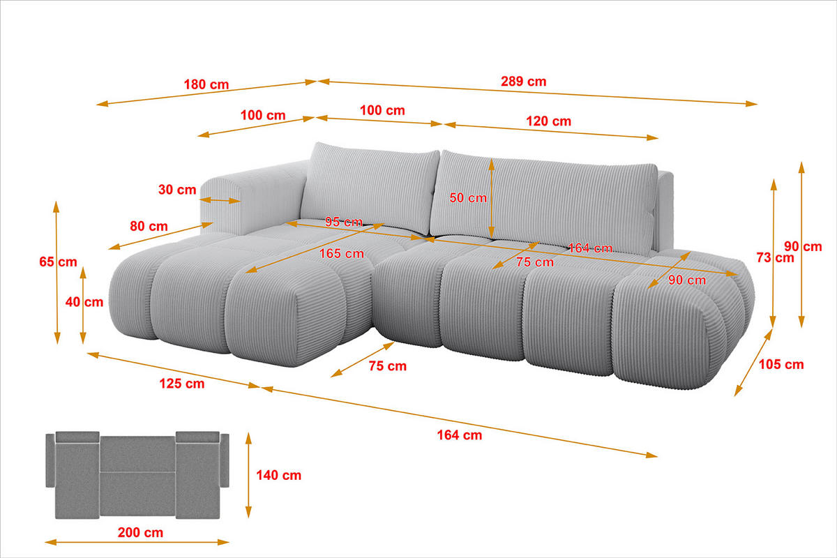 ECKSOFA Ottomane Links CLOUD-L 289x180x40 Grau Cord - Grau, Holzwerkstoff/Kunststoff (180/289cm) - ALTDECOR