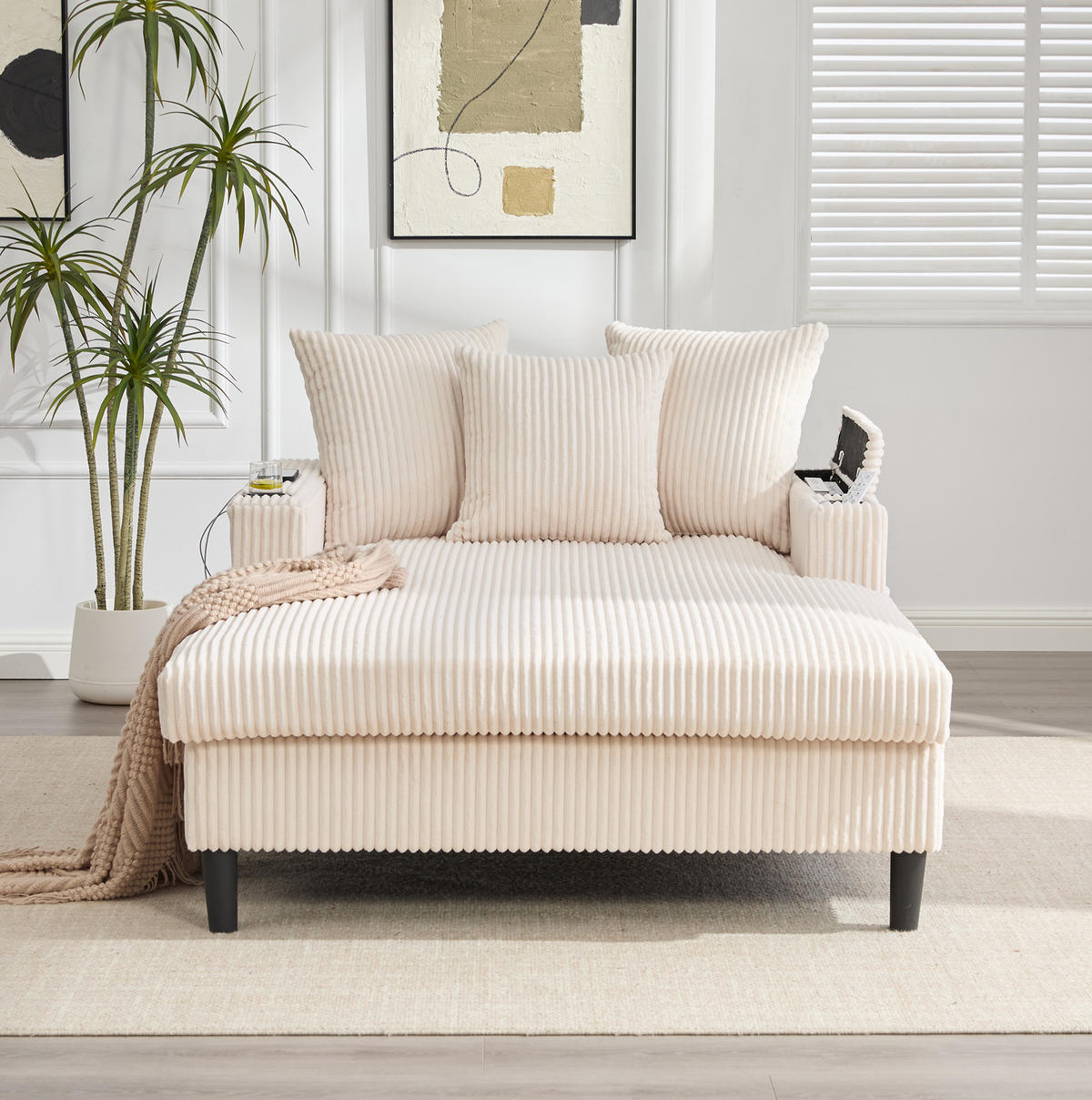 CHAISELONGUE 129/170/70 cm mit LED-Beleuchtung, USB-Ladeanschluss, Stauraum und Becherhaltern, Beige - Beige, Textil (170/70/129cm) - Redom