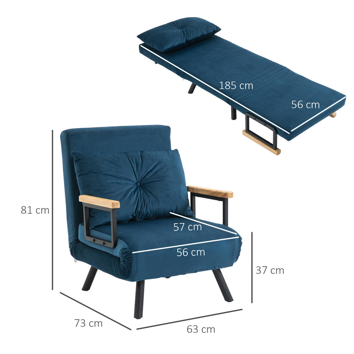 SCHLAFSESSEL, Einzelsofa mit Bettfunktion, Relaxsessel mit Rückenkissen Blau - Blau/Schwarz, Holz/Textil (73/81/63cm) - HOMCOM