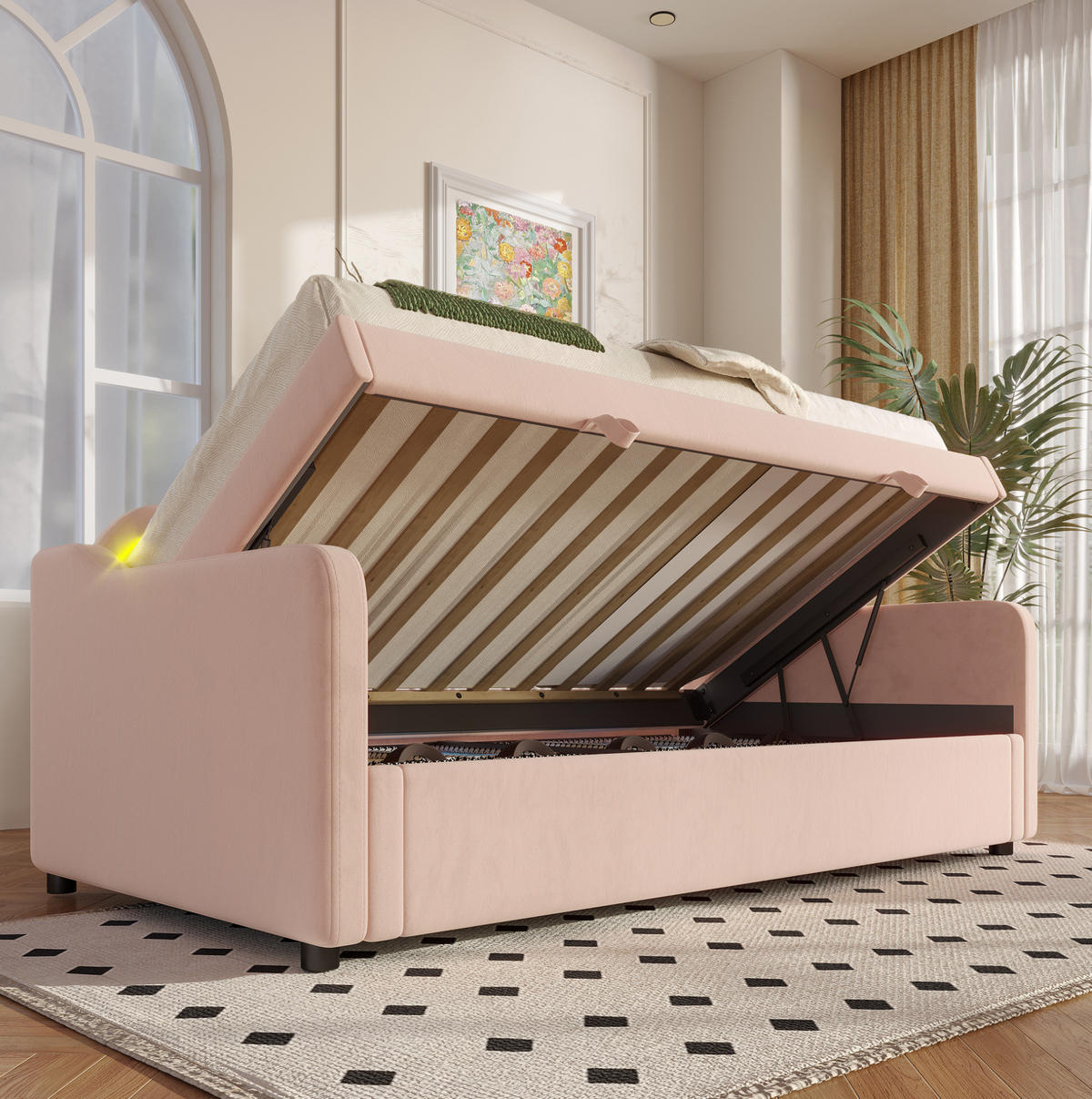 BETT mit Bettkasten 90/200 cm in Rosa – Samtbezug mit LED und Kopfteil - Rosa, Textil (90/200cm) - BEAOK