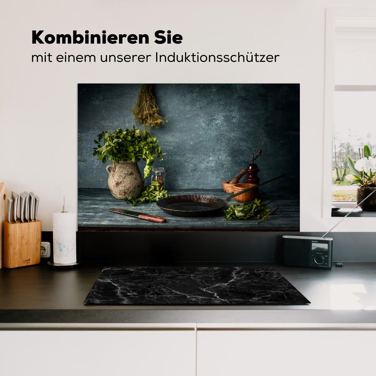 SPRITZSCHUTZ KÜCHE Kräuter - Gewürze - Pfanne - Messer - Grau - Rustikal 80x55 cm - Petrol, Metall (80/0.3/55cm) - MuchoWow
