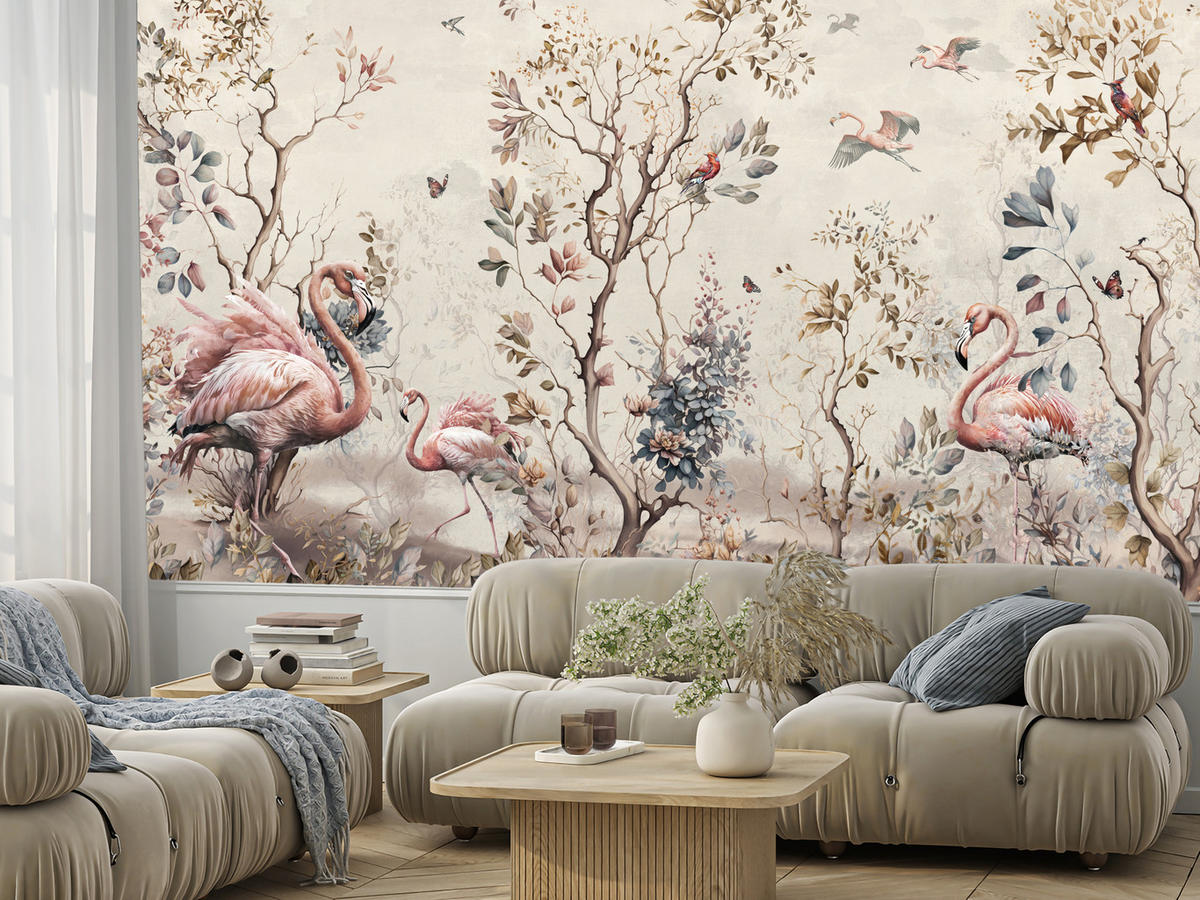 FOTOTAPETE für Wohnzimmer Wunderschöne Flamingos Natur Schmetterlinge 500x350 - Multicolor, Papier (500/350cm) - Muralo