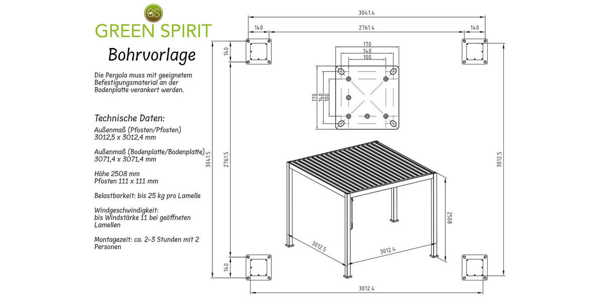 LAMELLENPERGOLA Mirador Classic Anthrazit 300/300/250 cm - Grau, Kunststoff (300/250/300cm) - Green Spirit