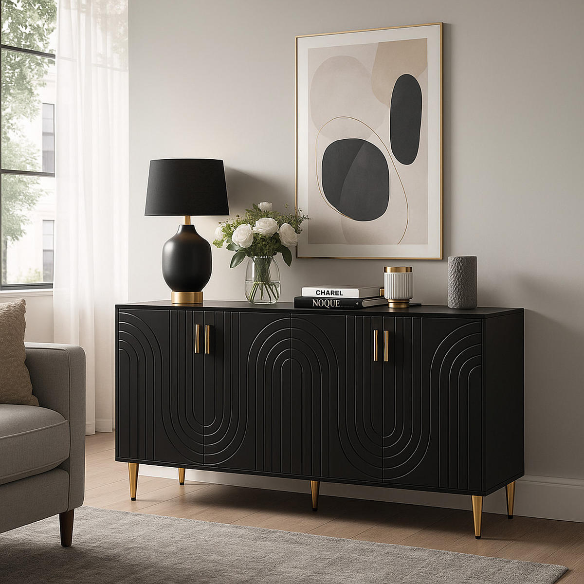 SIDEBOARD mit 3 Türen Schwarz mit Goldenen Akzenten - Schwarz, Holzwerkstoff/Metall (152/75/40cm) - Urban Meuble