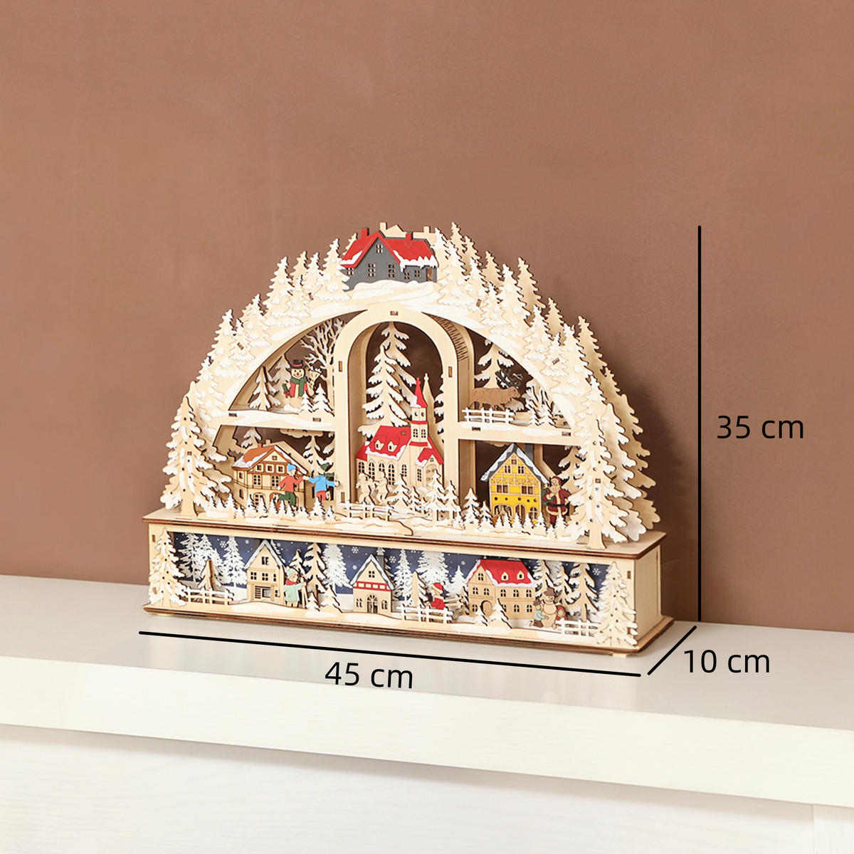 WEIHNACHTSDORF mit LED-Leuchtung, 45 cm Weihnachtsstadt mit Schneemann Renntier - Naturfarben, Holzwerkstoff (10/35/45cm) - HOMCOM