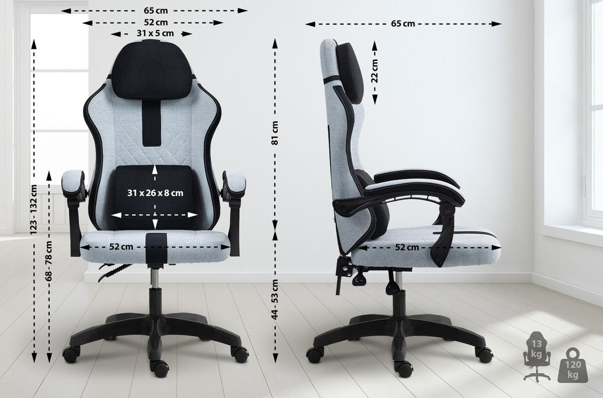 CHEFSESSEL Stoff Grau/Schwarz - Schwarz/Grau, Kunststoff/Textil (65/123/65cm) - CLP