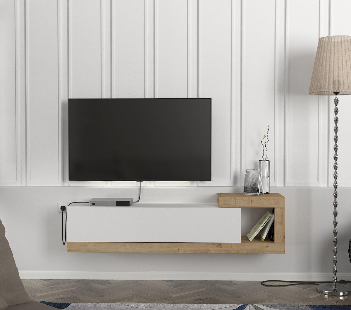 MOEBEL17 TV Lowboard 150 cm – Modernes Lowboard TV Schrank – TV Board Wohnzimmer – Fernsehtisch – TV Möbel Sideboard Modern – Modell Bliss - Weiß/Braun, Holzwerkstoff (150/37/30cm) - moebel17