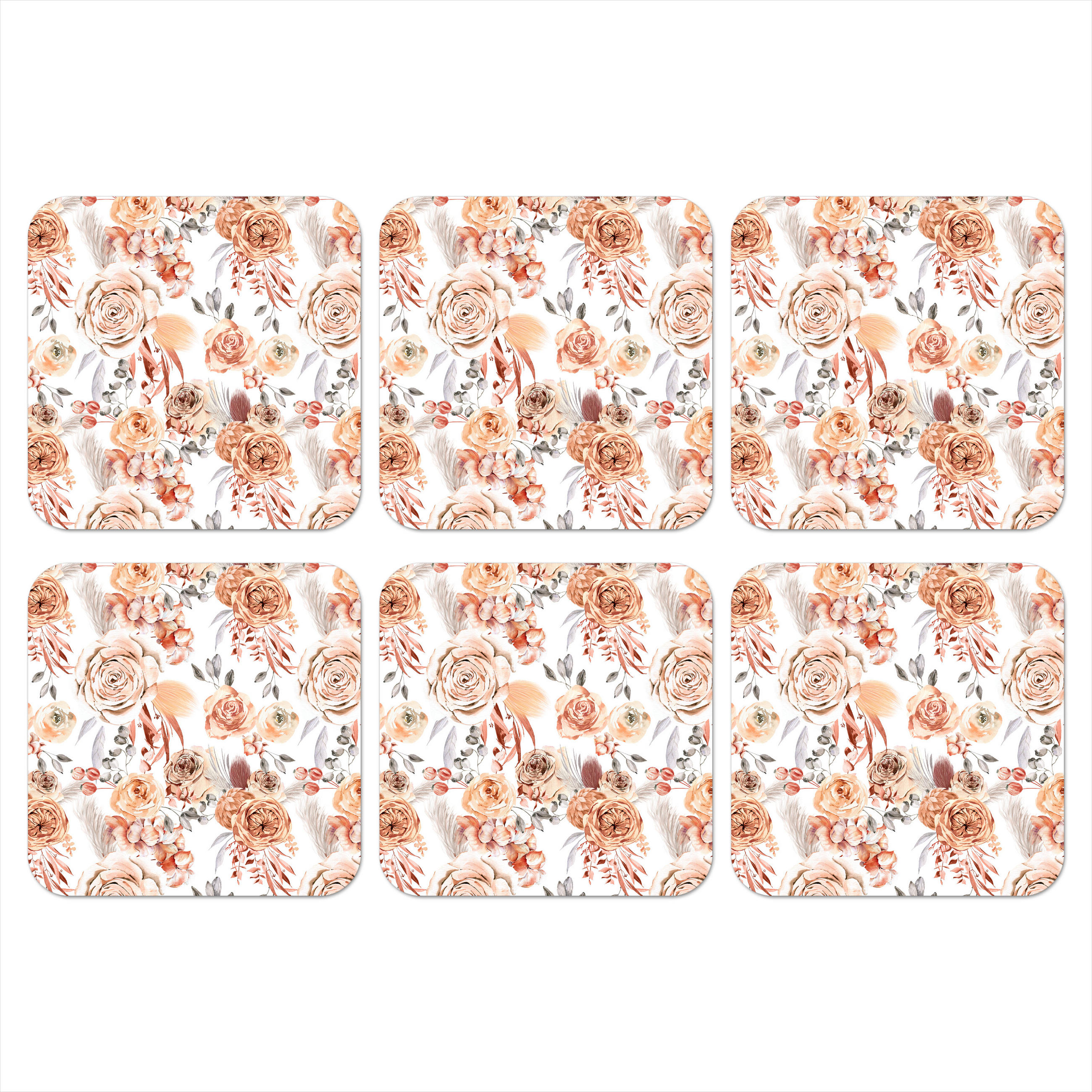 GLASUNTERSETZER 6er-Set Blumen - Bohème - Muster 10x10 cm - Altrosa, Naturmaterialien (10/0.2cm) - MuchoWow