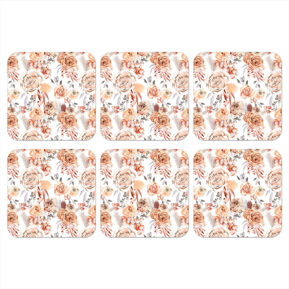 GLASUNTERSETZER 6er-Set Blumen - Bohème - Muster 10x10 cm - Altrosa, Naturmaterialien (10/0.2cm) - MuchoWow