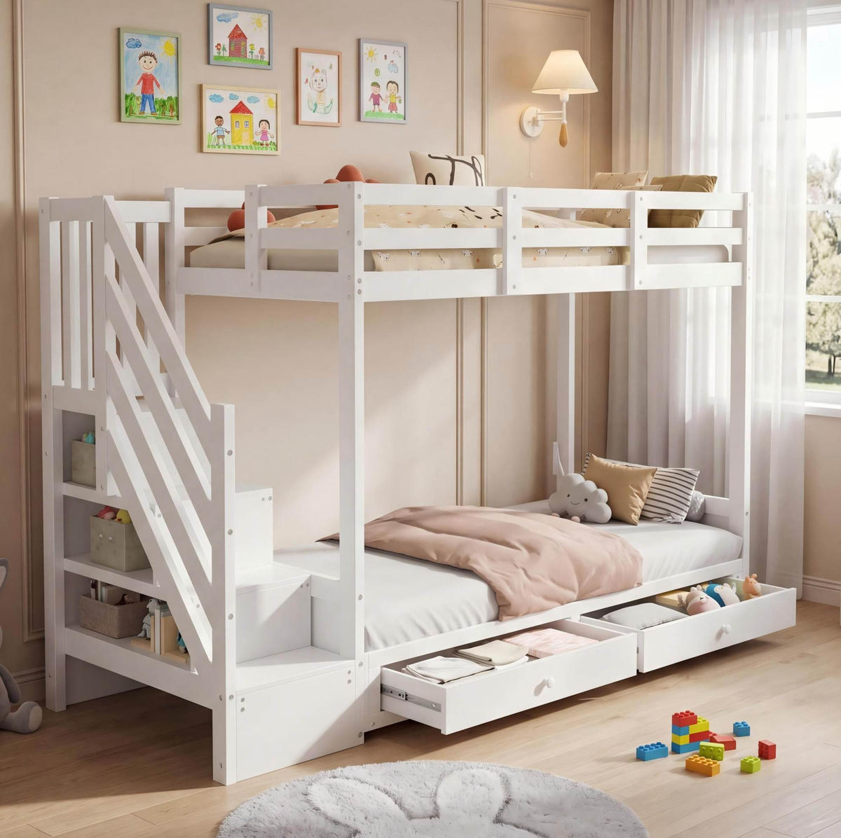 ETAGENBETT 90/200 cm mit Sofa, Treppenschrank und 2 Schubladen, Weiß - Weiß, Holzwerkstoff (90/200cm) - Redom