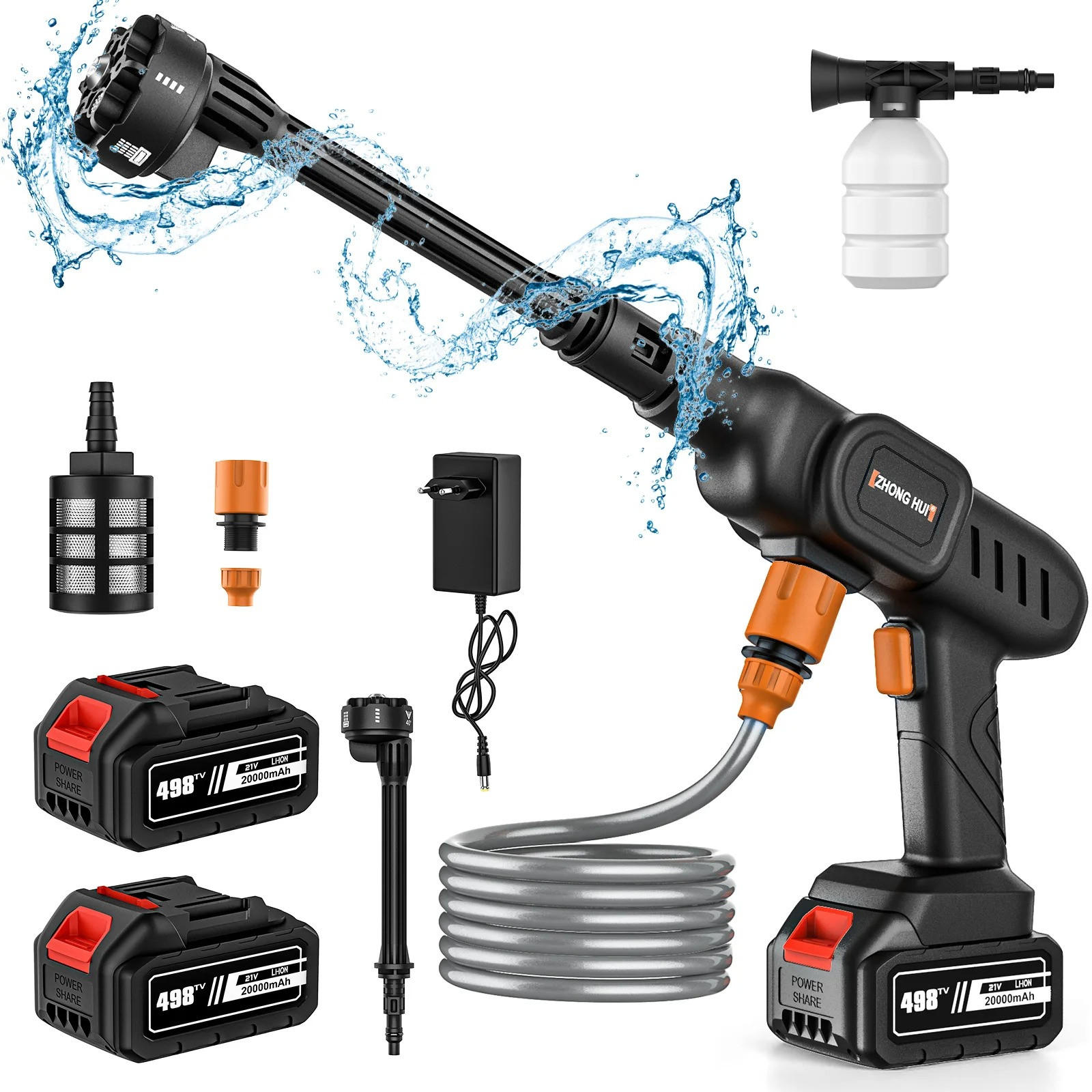 HOCHDRUCKREINIGER 6 in 1 60Bar 20000 mAh Hausgarten Reinigung Mit 2 Batteries - Schwarz, Metall (41.5/23cm) - Coonoor