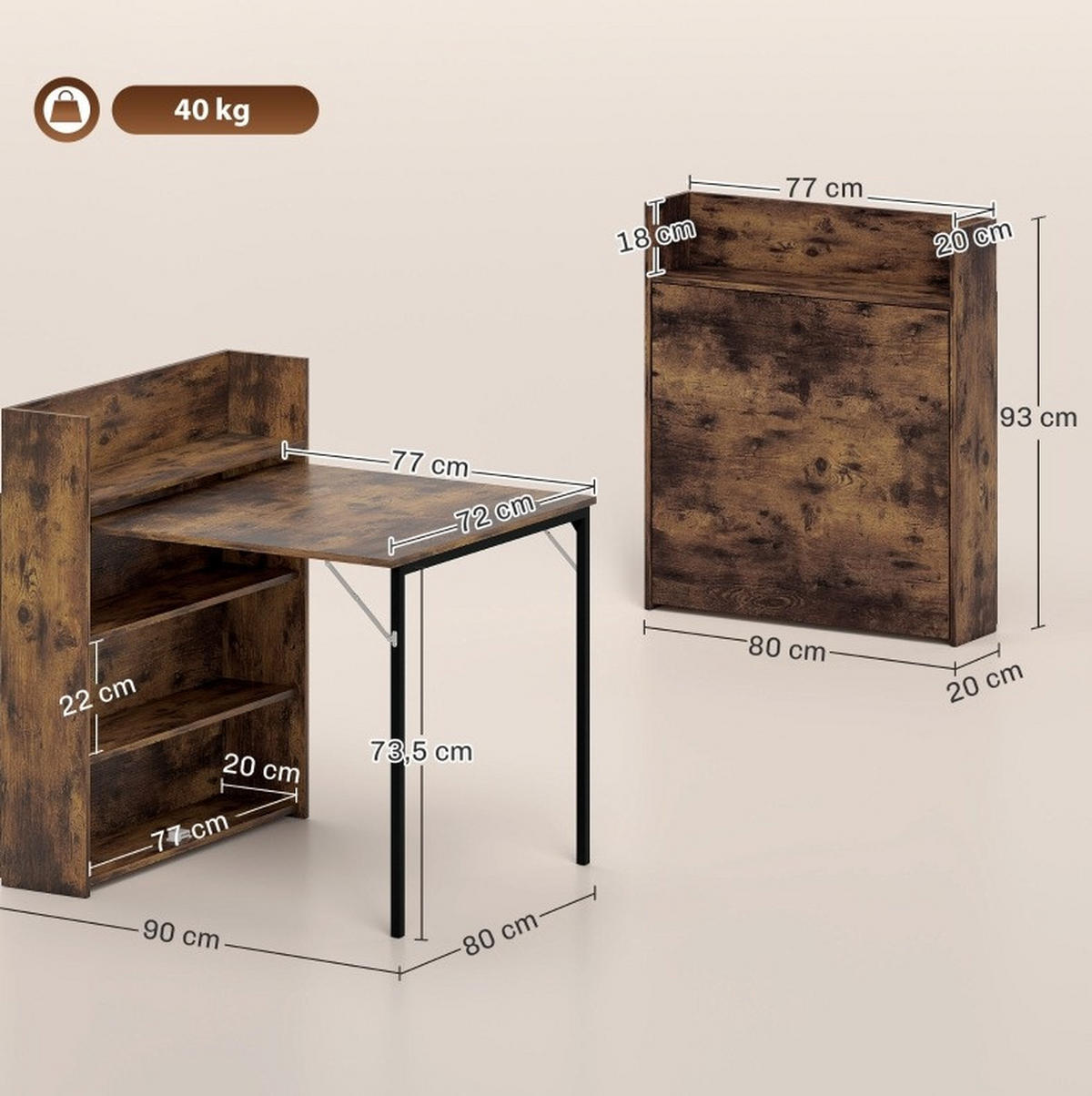 ESSTISCH aus Holz 80x90x93 cm Rustikalbraun klappbar mit Regal im Industrial-Stil - Braun, Holz (90/80/93cm) - Modfu