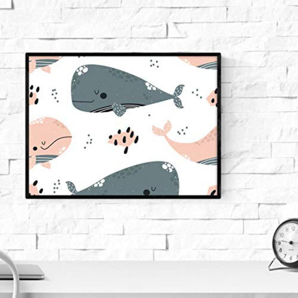 POSTER Set mit 4 Grauwal Orange Leuchtturm und Seestern A3 Schwarzer Rahmen - Schwarz, Papier (29.7/3cm) - Nacnic