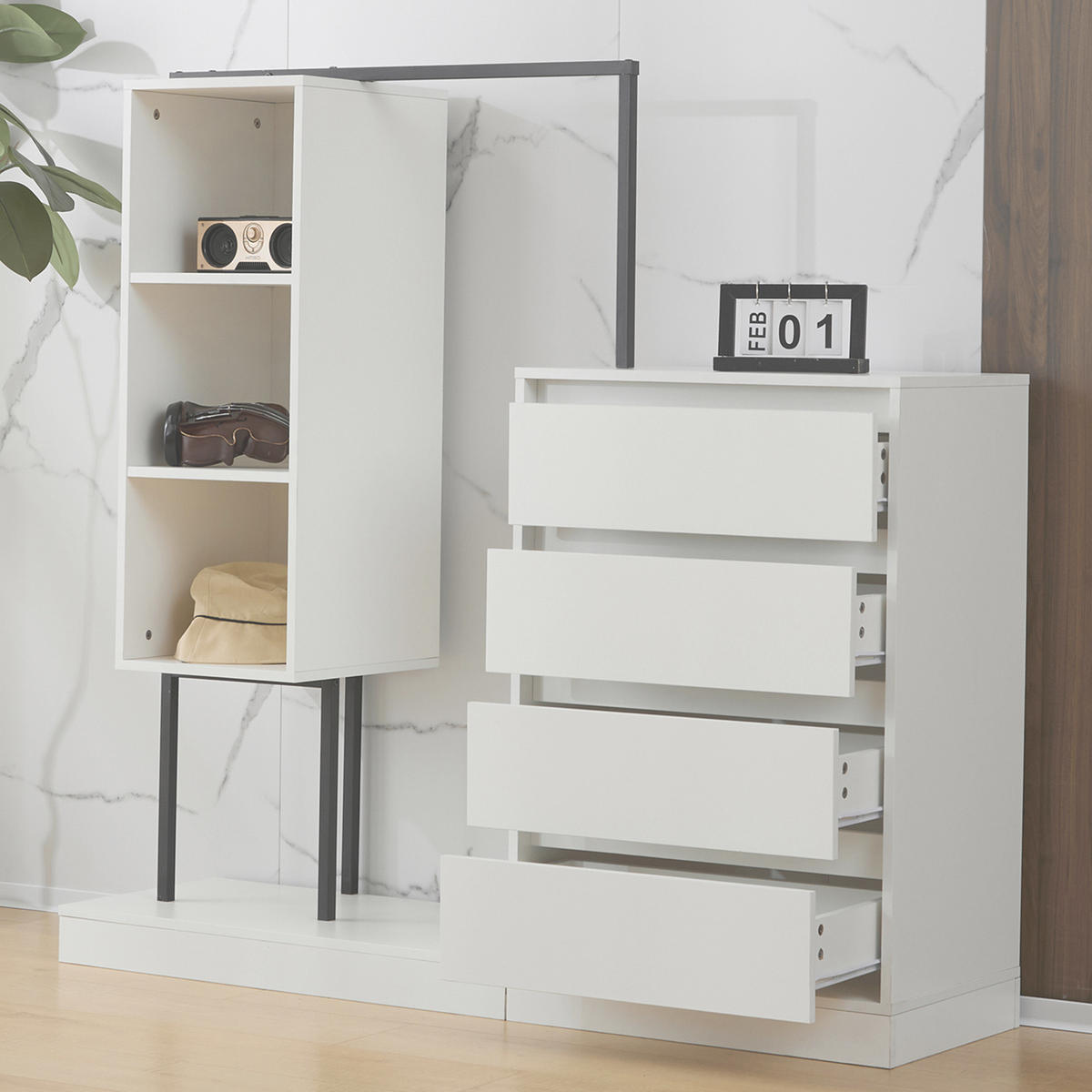 GARDEROBEN-SET in Weiß mit Kleiderstange und Schubladen für Schlafzimmer und Flur, B140/T40/H135 cm - Weiß, Holzwerkstoff/Metall (140/135/40cm) - STILVORA
