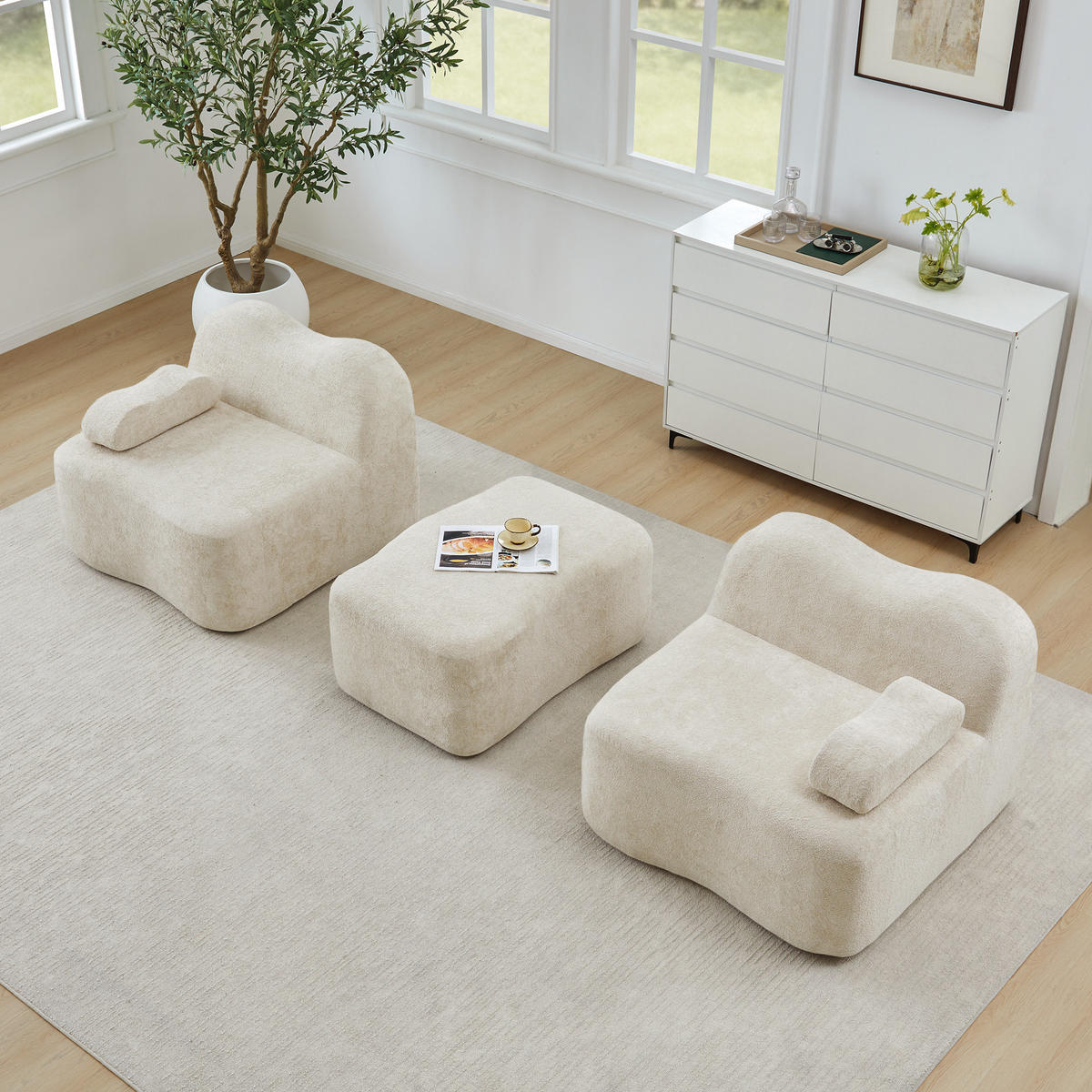 ECKSOFA Samt Beige mit Hocker - Beige, Textil (192/167cm) - WISHDOR