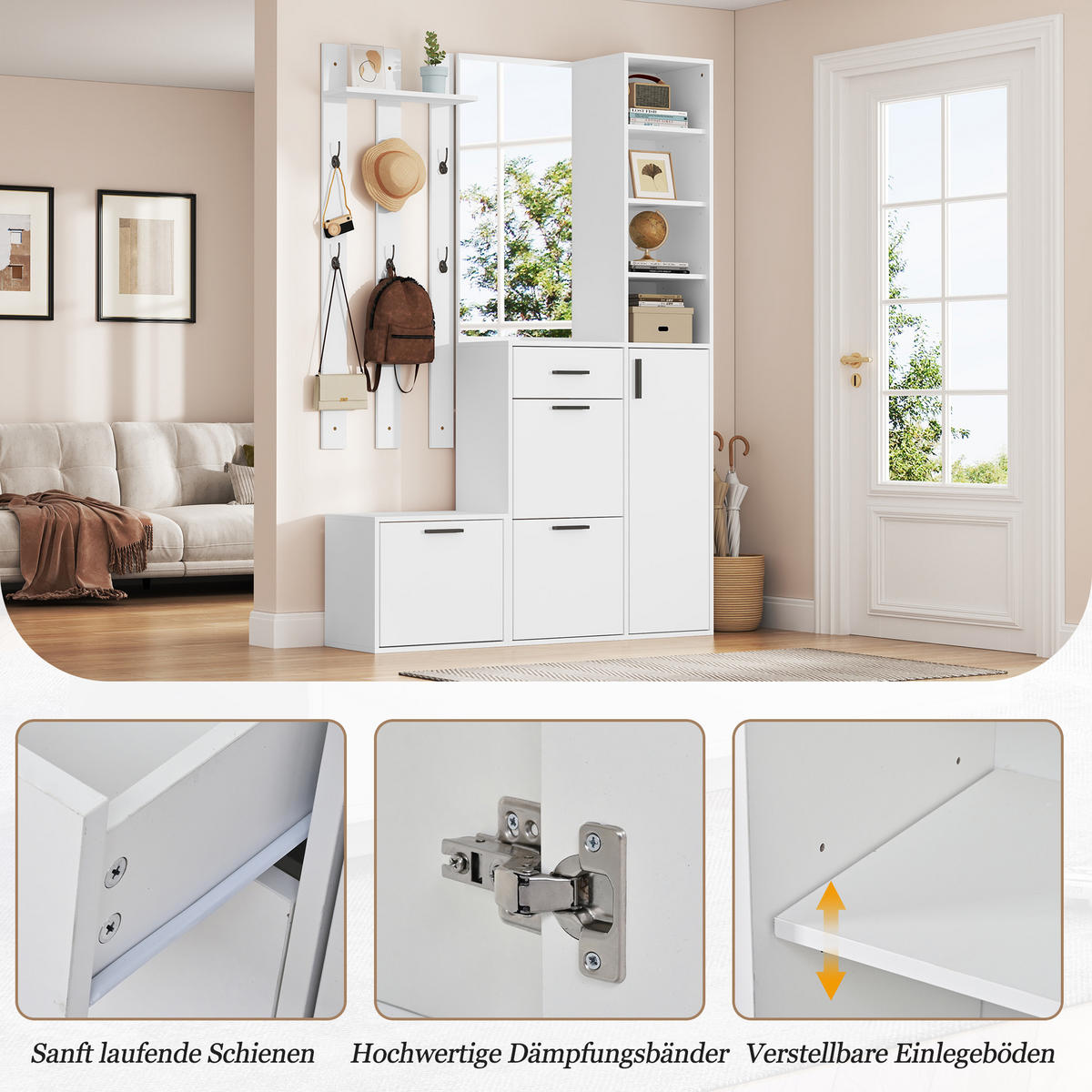 GARDEROBE Schuhschrank Spiegel Haken Wandmontiert Weiß - Weiß, Holzwerkstoff (120/178/30cm) - FLIEKS
