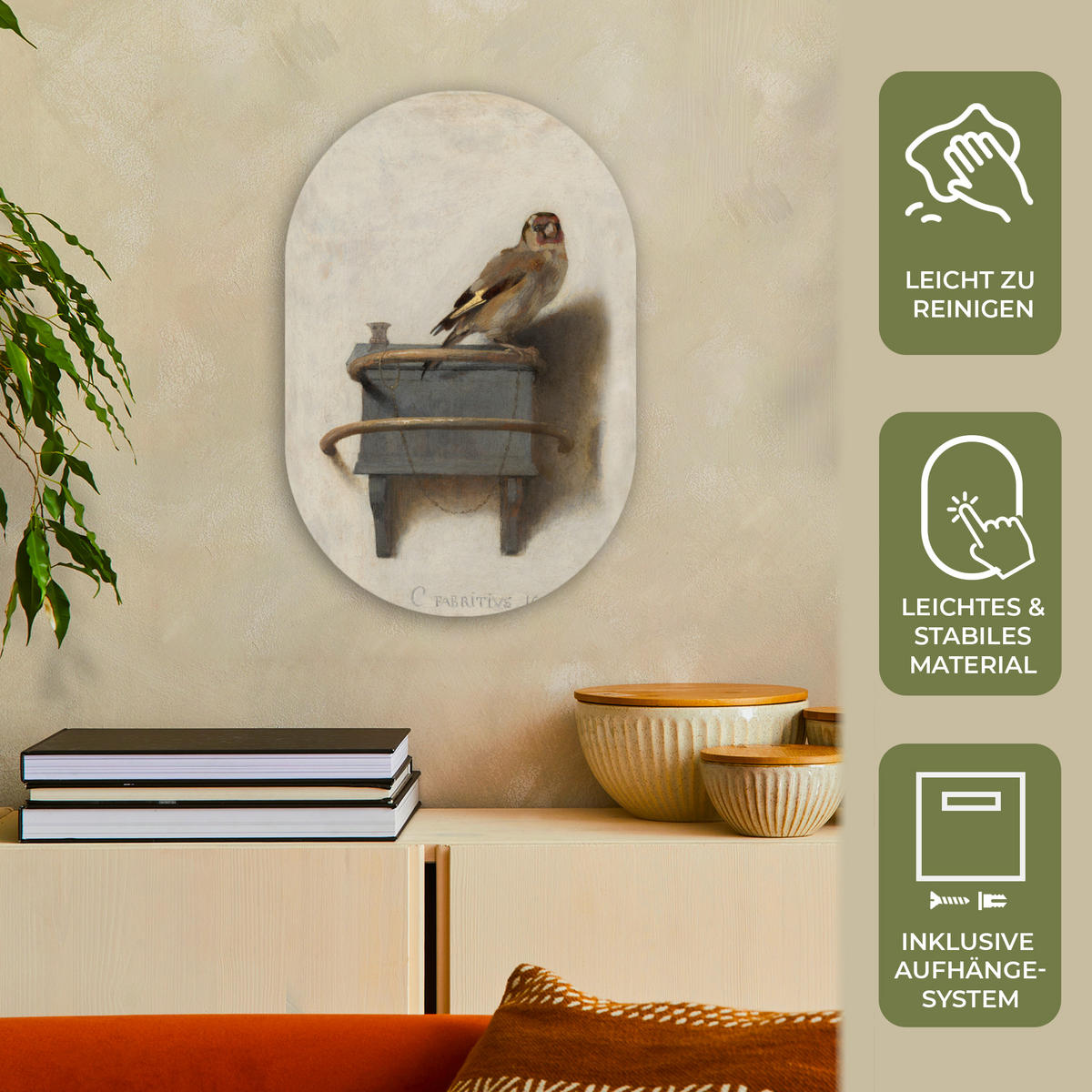 WANDBILD Stieglitz - Alter Meister - Carel Fabritius 40x60 cm - Grau, Kunststoff (40/60cm) - MuchoWow