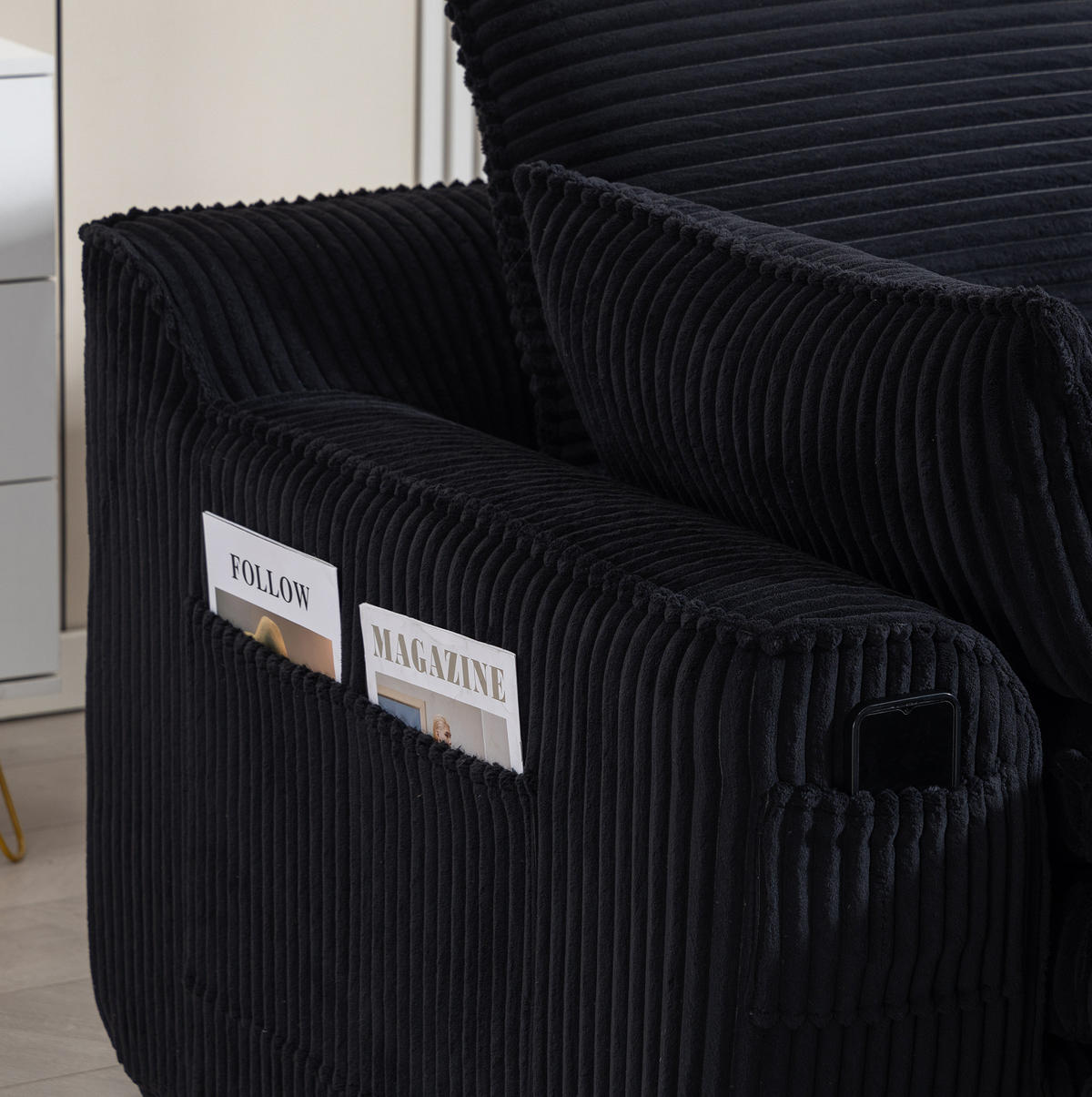 3-STIZER Sofa 263/167/85 cm frei kombinierbar mit Hocker, Seitentaschen und Kissen, Schwarz - Schwarz, Textil (263/85/167cm) - Redom