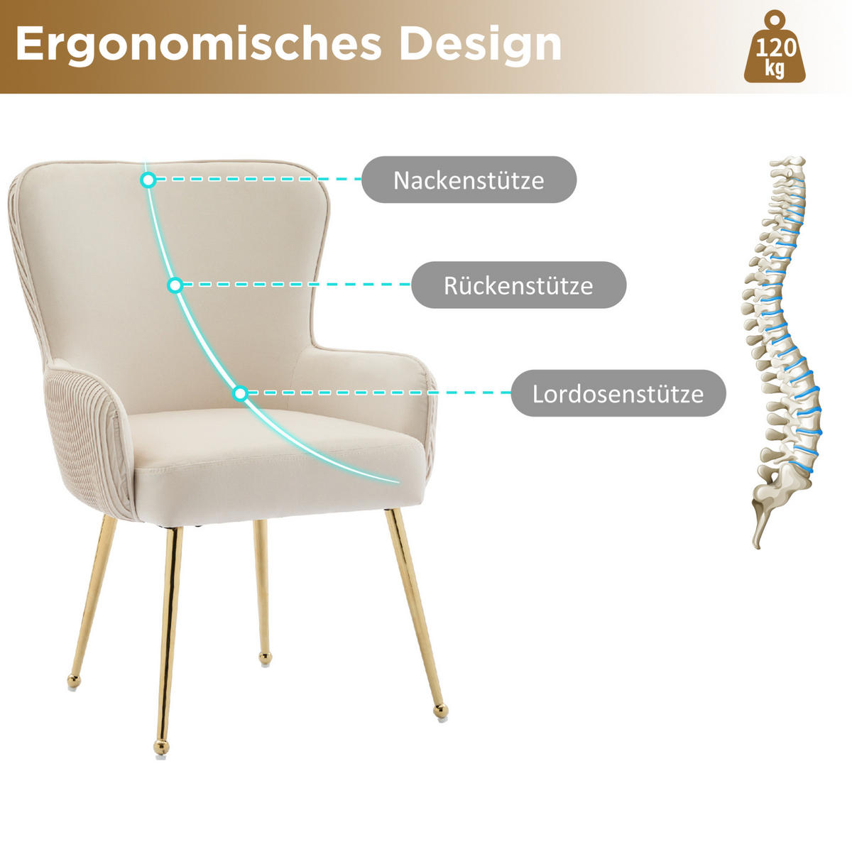 ESSZIMMERSTUHL mit Armlehnen 6er-Set Samt Beige/Gold - Beige, Metall (53/83/57cm) - Meubliv