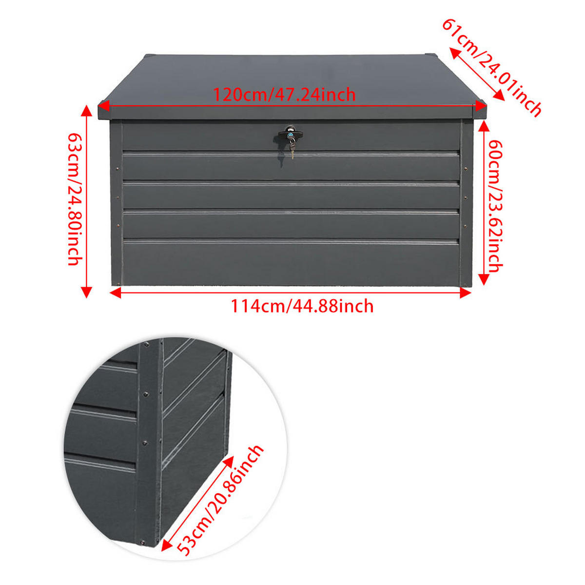 GARTENBOX Auflagenbox Kissenbox mit Schloss für Werkzeuge aus Metall in Schwarz in AußenGarten abschließbar 120 x 61 x 63 cm 20 kg - Schwarz, Metall (120/63/61cm) - Livingandhome