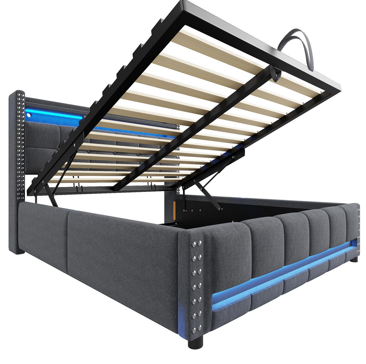 ČALÚNENÁ posteľ 160/200 cm s LED osvetlením, USB portom a hydraulickým úložným priestorom, Sivá - sivá, textil (160/200cm) - Redom
