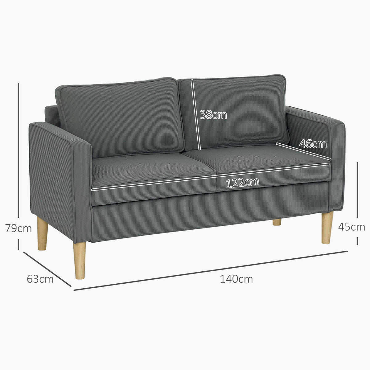 SOFA, 2-Sitzer, Stauraum, 2 Kissen, Samt/Stoff, Holzoptik, grau, 140x63x79cm - Multicolor, Holzwerkstoff (140/79/63cm) - FORIOUS