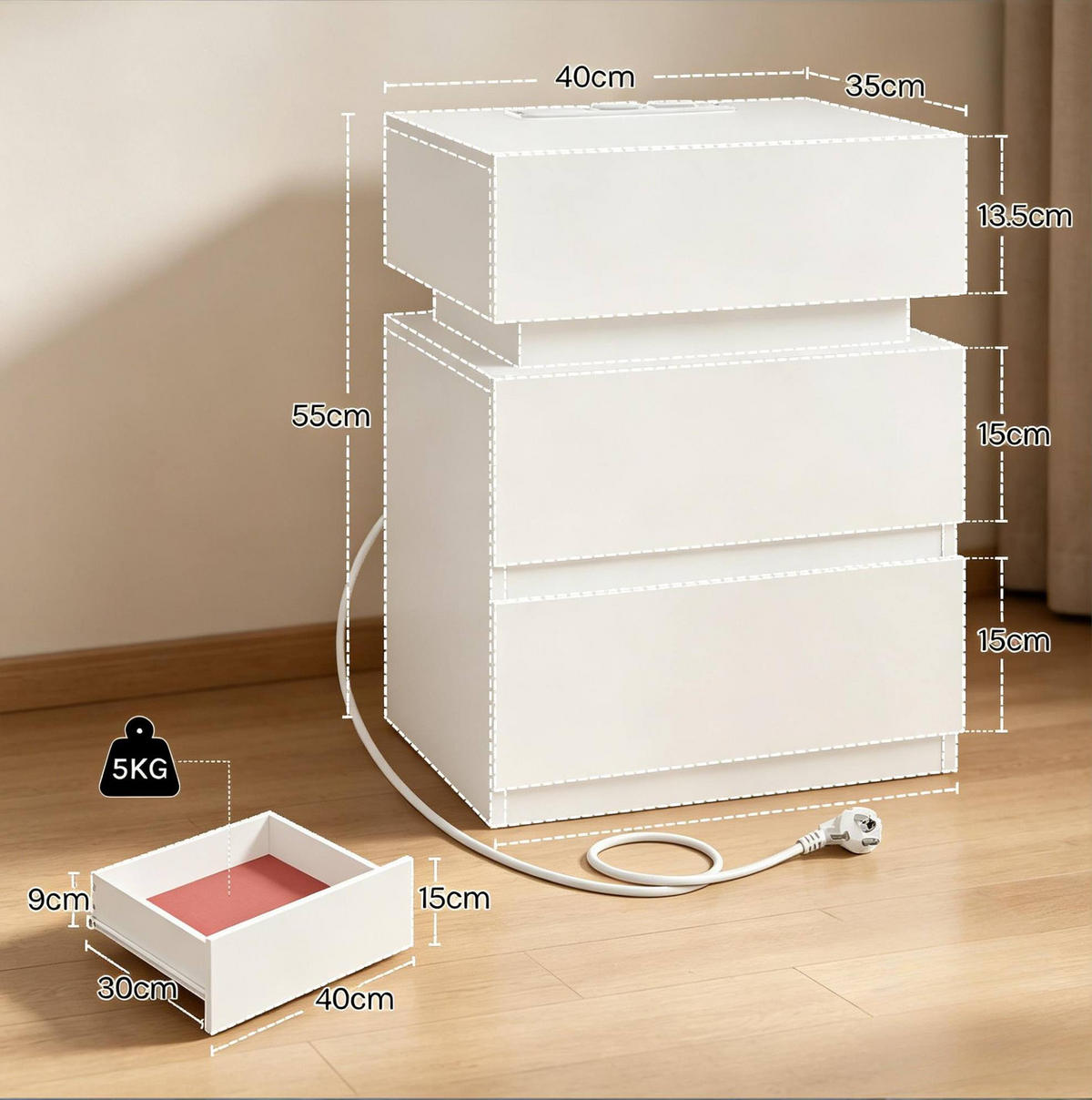 NACHTTISCH-SET 40/35/55 cm in Weiß mit LED-Beleuchtung und USB-Anschlüssen - Weiß, Holzwerkstoff (35/55/40cm) - Flora Grace