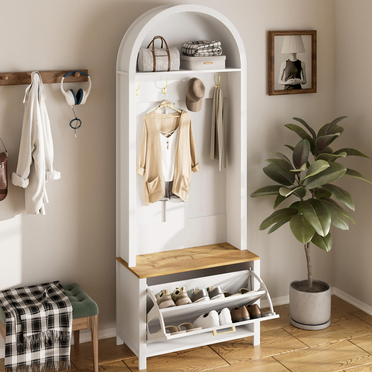 GARDEROBENSCHRANK 75/35/195 cm aus MDF mit Schuhfach und Haken Weiß/Holzfarben - Weiß, Holzwerkstoff (35/195/75cm) - Modenvie