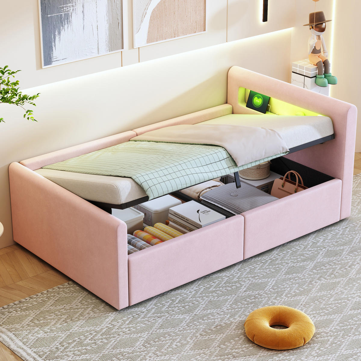 POLSTERBETT Kinderbett 90/200 cm Rosa mit LED-Beleuchtung und USB-Ladeanschluss - Rosa, Textil (90/200cm) - OKWISH