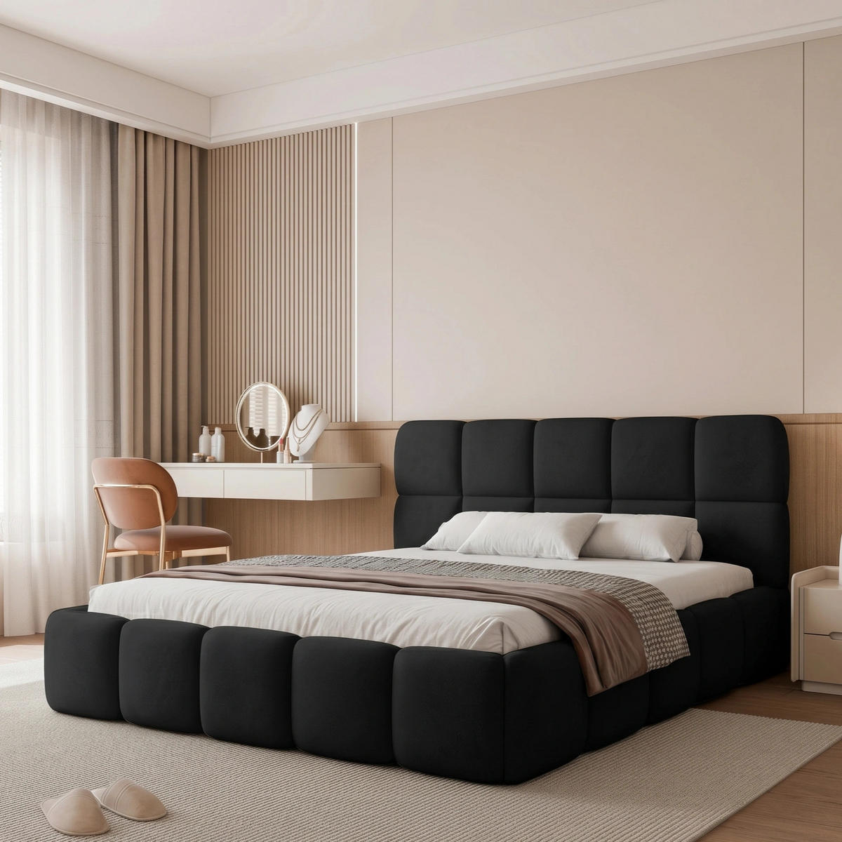 POLSTERBETT CERETTO 140x200 cm Schwarz Bouclé (Stoff Quelle) - mit Bettkasten und Holzlattenrost - Schwarz, Holzwerkstoff/Textil (140/200cm) - Ravio